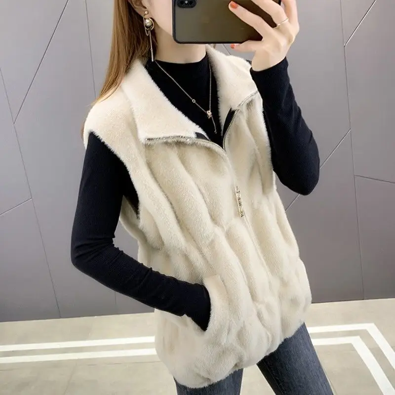 Slimming Faux Mink Knit Cardigan for Women 2025 Korean Autumn Vest with Zipper Versatile Outerwear
