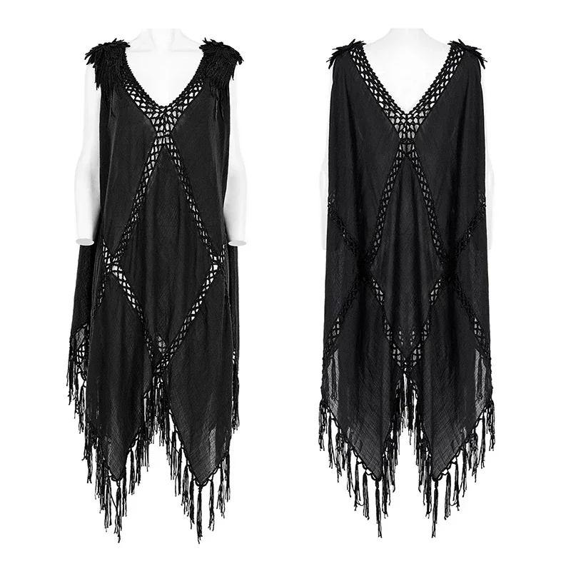 PUNK RAVE Women\'s New Gothic Large V-neck Witch Woven Dress Punk Hollow Personality Loose Tassels Hem Dresses Summer Streetwear