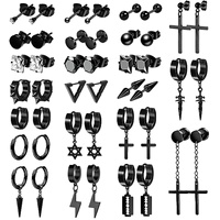 22 Pairs Stainless Steel Black Stud Earrings For Men, Cross Cone Pendant Hoop Earrings, Party Birthday Gift