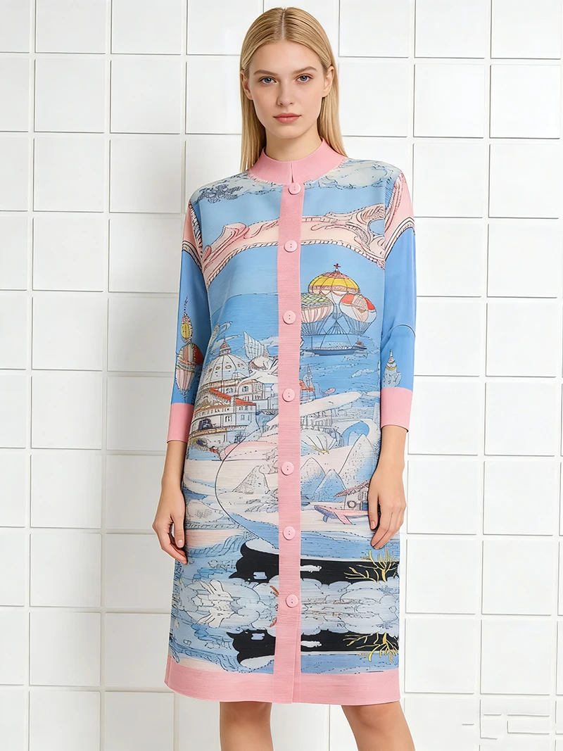 Miyake Clothing Contrast Color Printed Pleated Shirt Dress Women's Lapel Single Breasted 3/4 Sleeve Cardigan Dresss High-quality