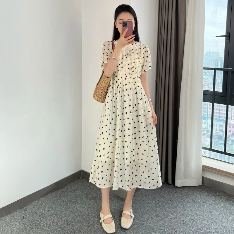 

Summer Maternity Nursing Dress After Pregnancy Puff Sleeve Sweet Patterns Printing Postpartum Woman Long Breastfeeding Dresses