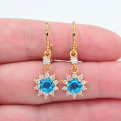 Gold Color Women Fashion Lake Blue Zircon CZ Sunflower Dangle Earrings Jewelry