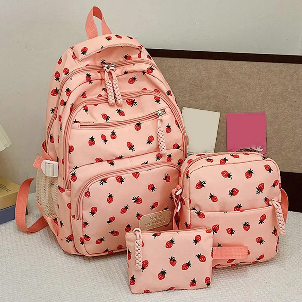 3Pcs/Set Oxford Cloth Cherry Backpack Preppy Style Adjustable Laptop Backpack with Lunch Bag & Pencil Case Large Capacity