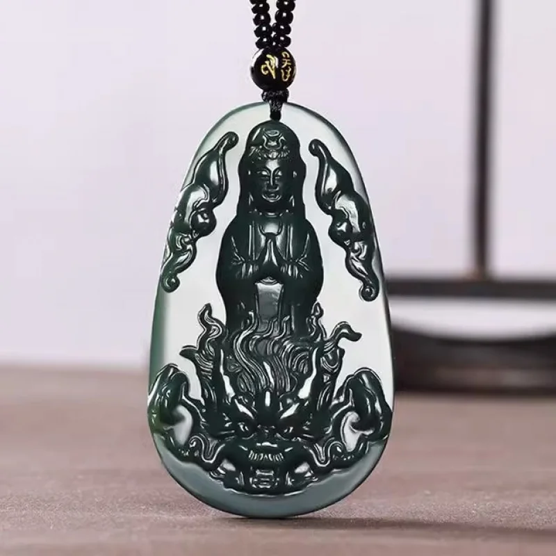 

Natural Hotan Green Jadeite Yulong Guanyin Bodhisattva Pendant Men and Women Jade Necklace