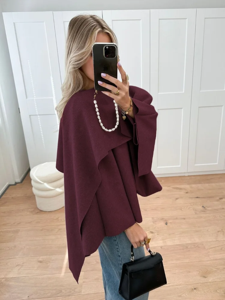 New Women\'s Burgundy Red Fashion Scarf Collar Coat 2024 Elegant Loose Long Sleeves Wool Blend Jacket Female Chic Fall Streetwear