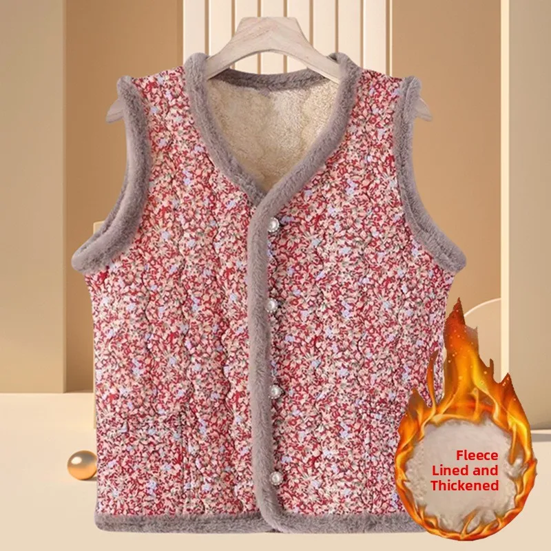 

Thiened Fce Warmth Women's Vest Autumn Winter New Sle Floral Print Jaet Coat Mom's Wardrobe ential Outerwear Top