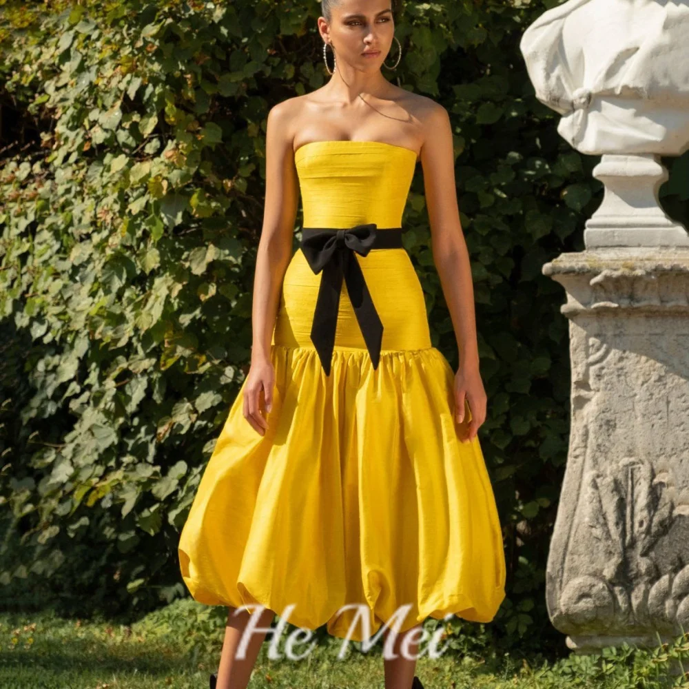 

Vintage Prom Dresses Strapless Sleeveless Party Gowns For Women A Line Mid Calf Length Bow Tie Evening Dress فساتين طويلة