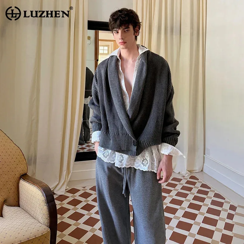 

LUZHEN Original Single Buttoned Cross Placket Big V Neck Loose Knitted Cardigan Men 2025 Elegant Handsome French Sweater JY4808