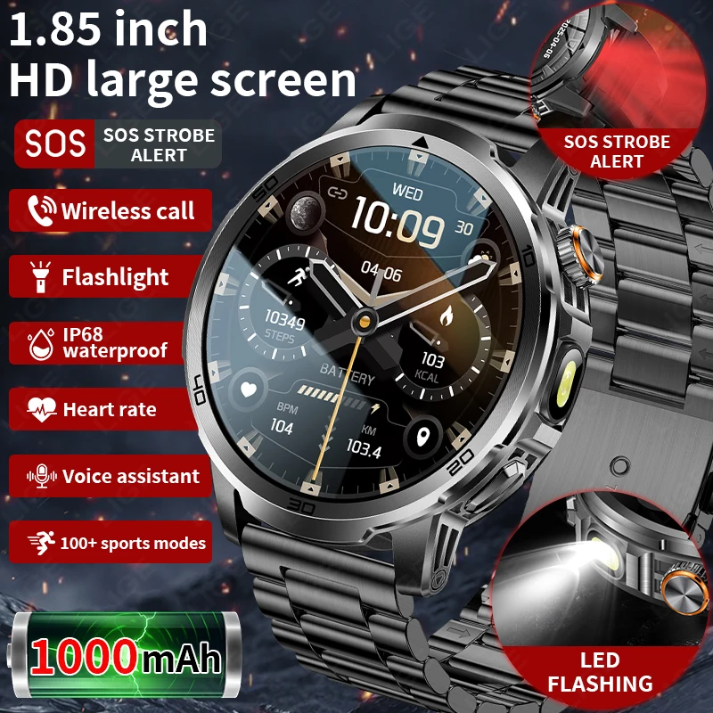 

LIGE Military Grade Durability 1000mAh Battery Smart Watches Men LED Flashlight & SOS Red Light IP68 Waterproof Men's Smartwatch