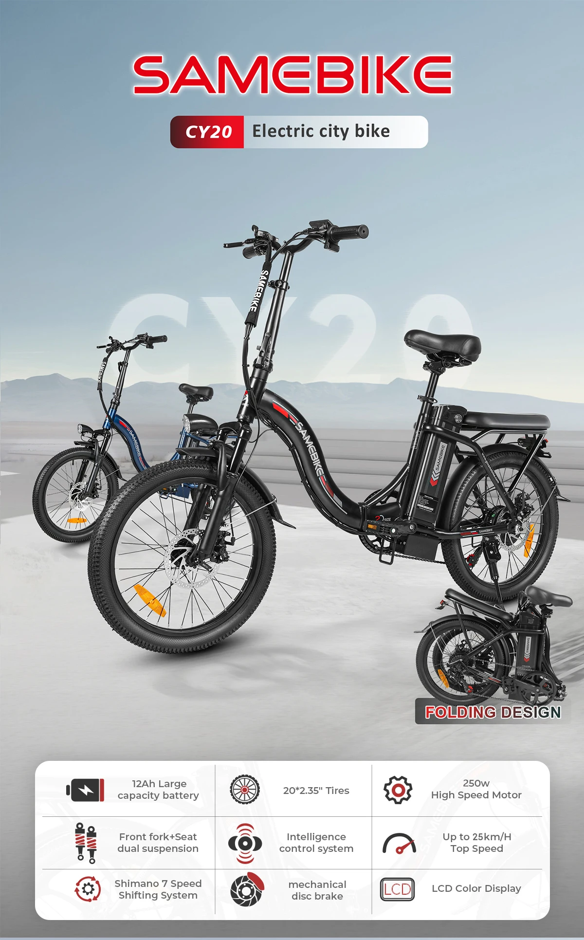 Samebike CY20 Faltbares Elektrofahrrad 250W mit 36V 12Ah Herausnehmbarer Akku, 20 Zoll E-Bike für Erwachsene, 7-Gang, 25 km/h und Reichweite bis 40-60km – Detail 1