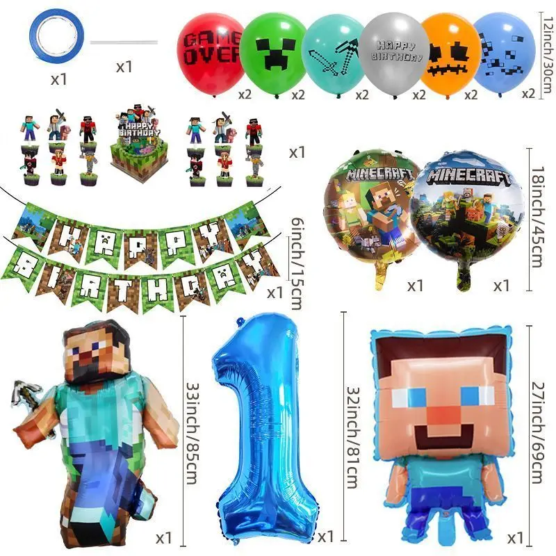 Minecraft Birthday Party Decor Set Kids Birthday Banner Steve & Alex Foil Balloon Number 1-9 Cake Cupcake Toppers Gamer Supplies