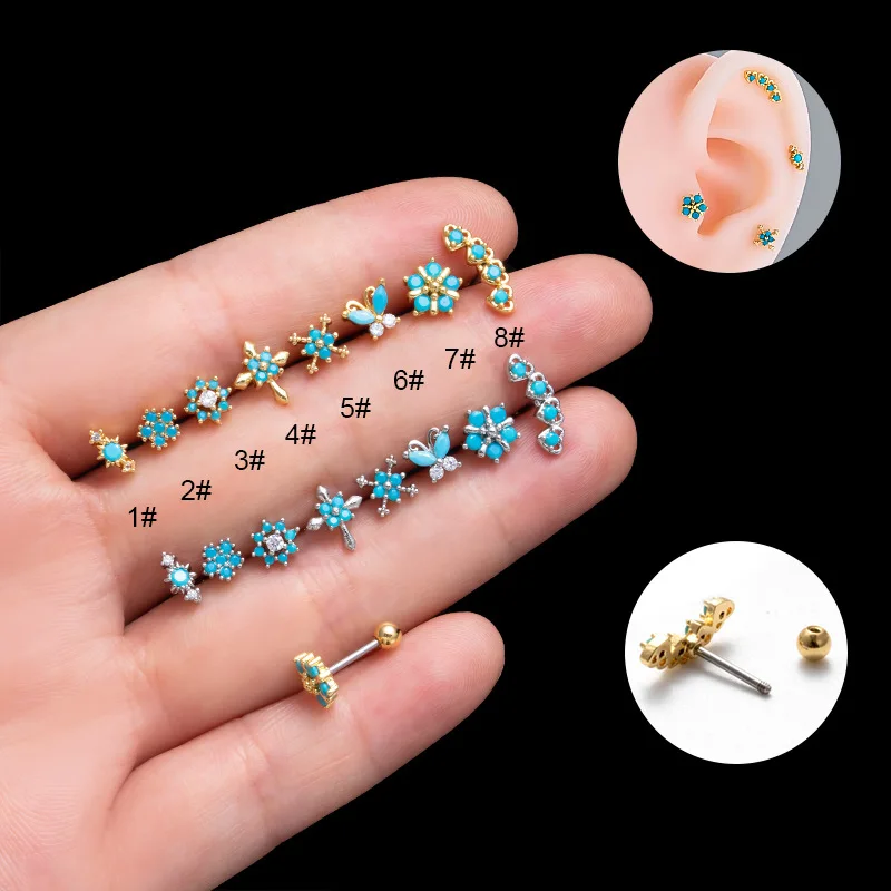 1PC Turquoise petite boucle d'oreille Piercing bijoux 20G en acier inoxydable pierre bleue papillon oreille os Stud Cartilage boucles d'oreilles