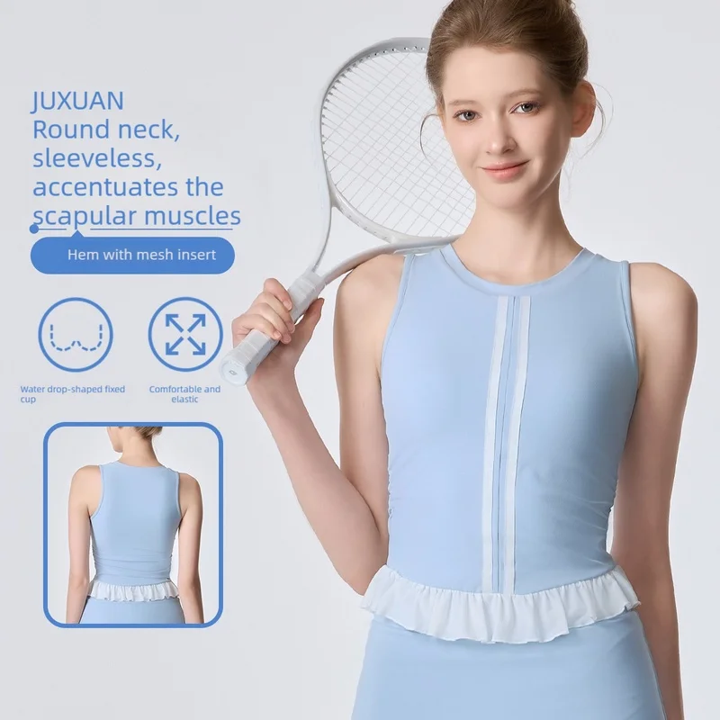 Women's Summer Sleeveless Vest Tops Ruffle Hem Yoga Sports Shirts Built-in Bra Push Up Casual Tank Tops