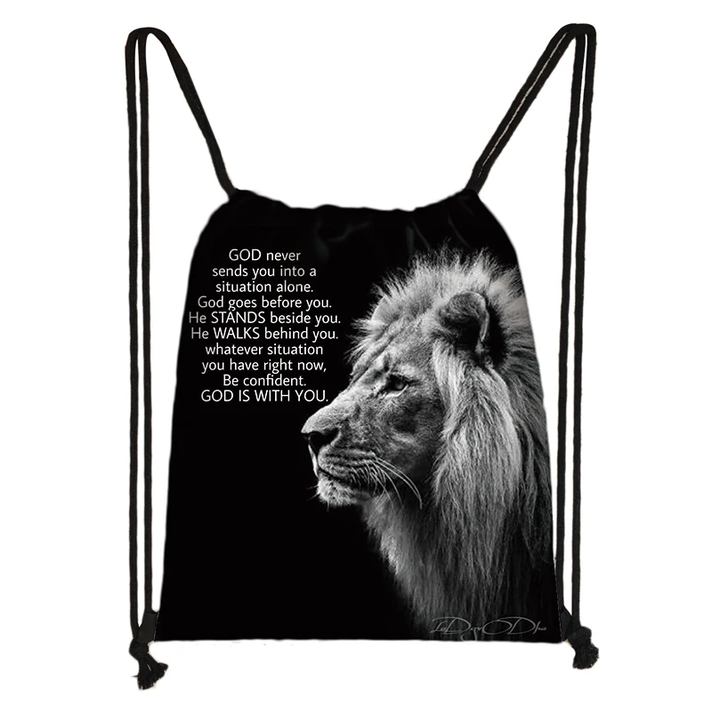 With God All Things Are Possible Print Backpack Lion Wolf Tiger Christian Bible Verse Drawstring Bag for Travel Shoes Holder Bag