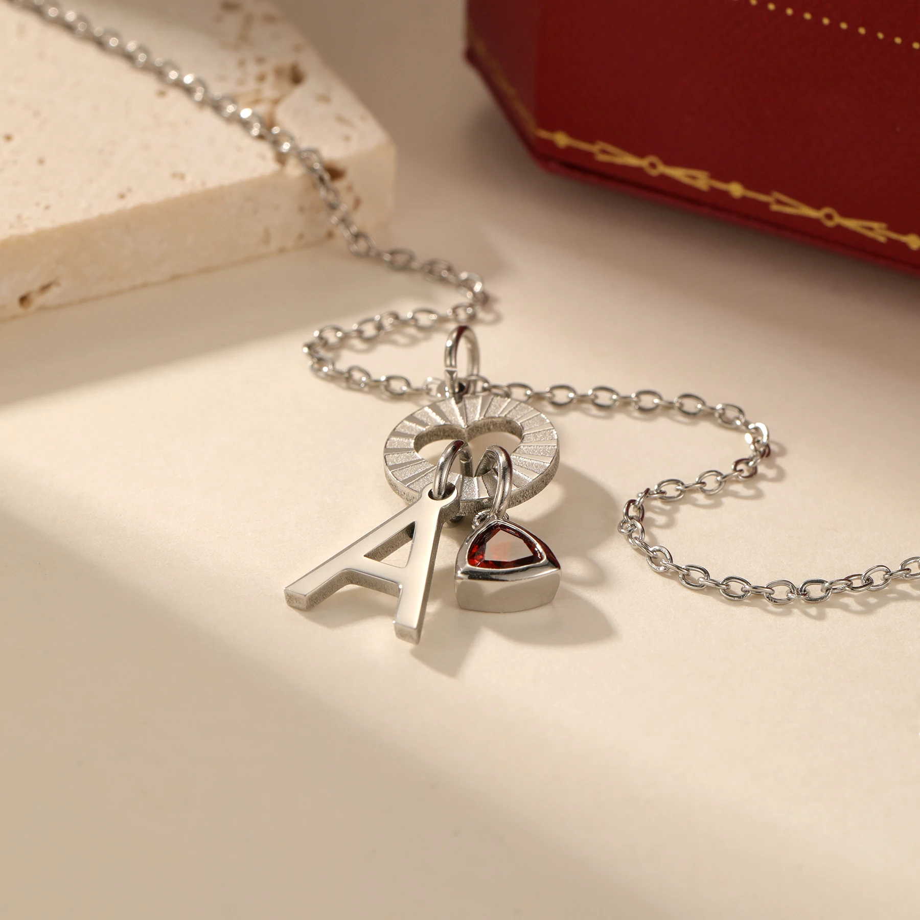 Customize Noel Initial Necklace with Precious Heart Stone Stainless steel Personalization Triangular Birthstone Gift for Women