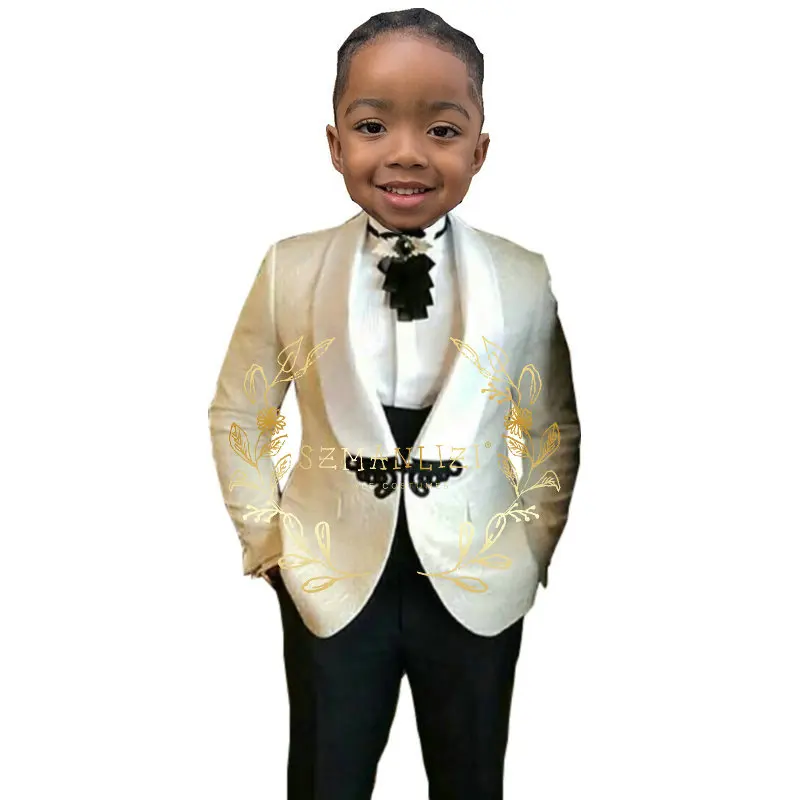 Vestito per ragazzi bambini smoking da sposa formale giacca floreale bianca Set 3 pezzi scialle bavero Blazer gilet pantaloni moda bambino Costume