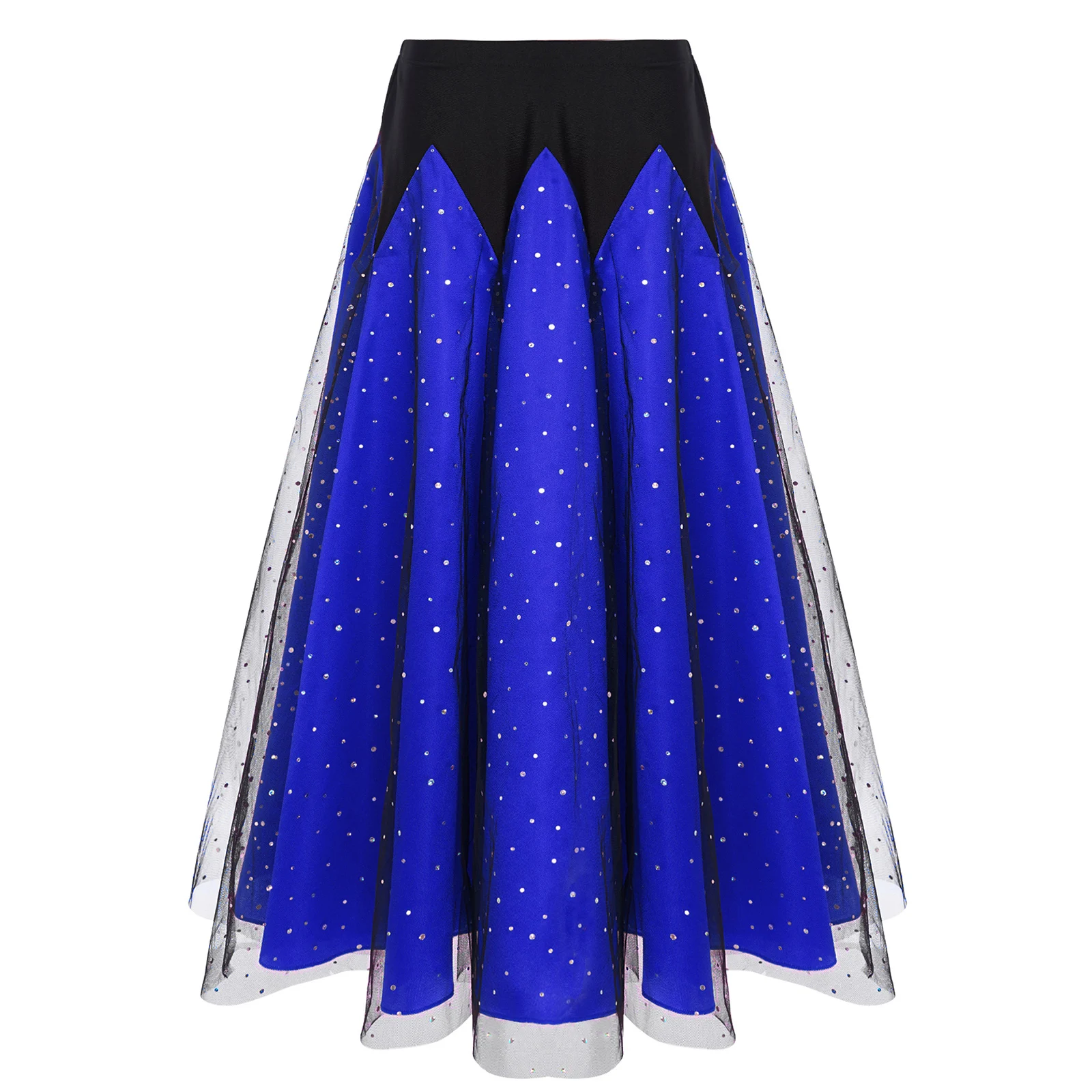 

Kids Girls Spanish Flamenco Dance Skirts Waltz Ballroom Dancewear Shiny Sequins Color Block Elastic Waist Ruffled Tulle Skirt