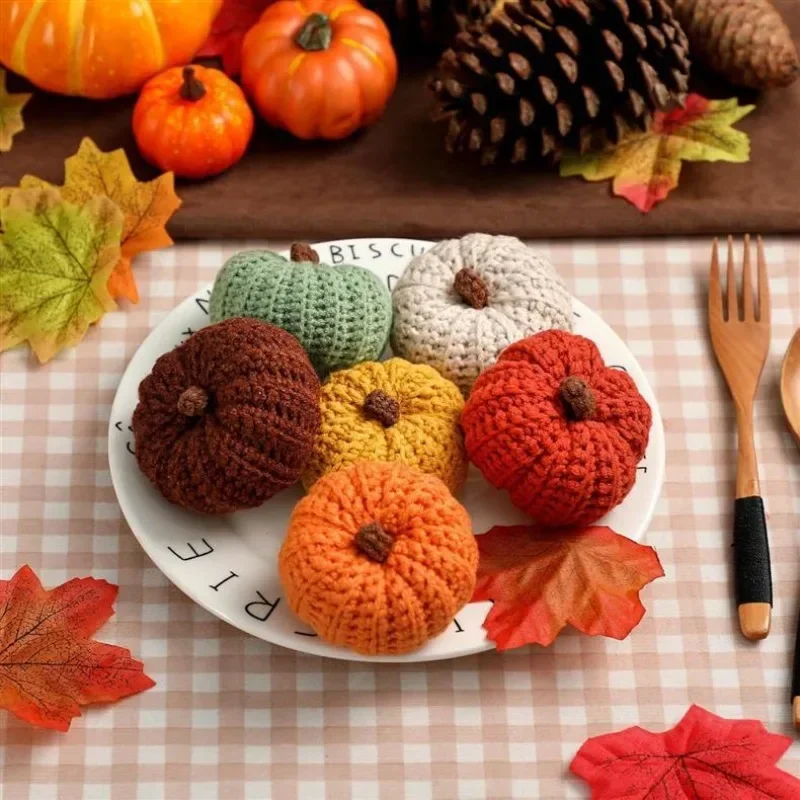 1xHand‑knitted Simulated Pumpkin Halloween Party Decoration Ornament Wool Cute Pumpkin Props Home Tabletop Figurines Gift Crafts