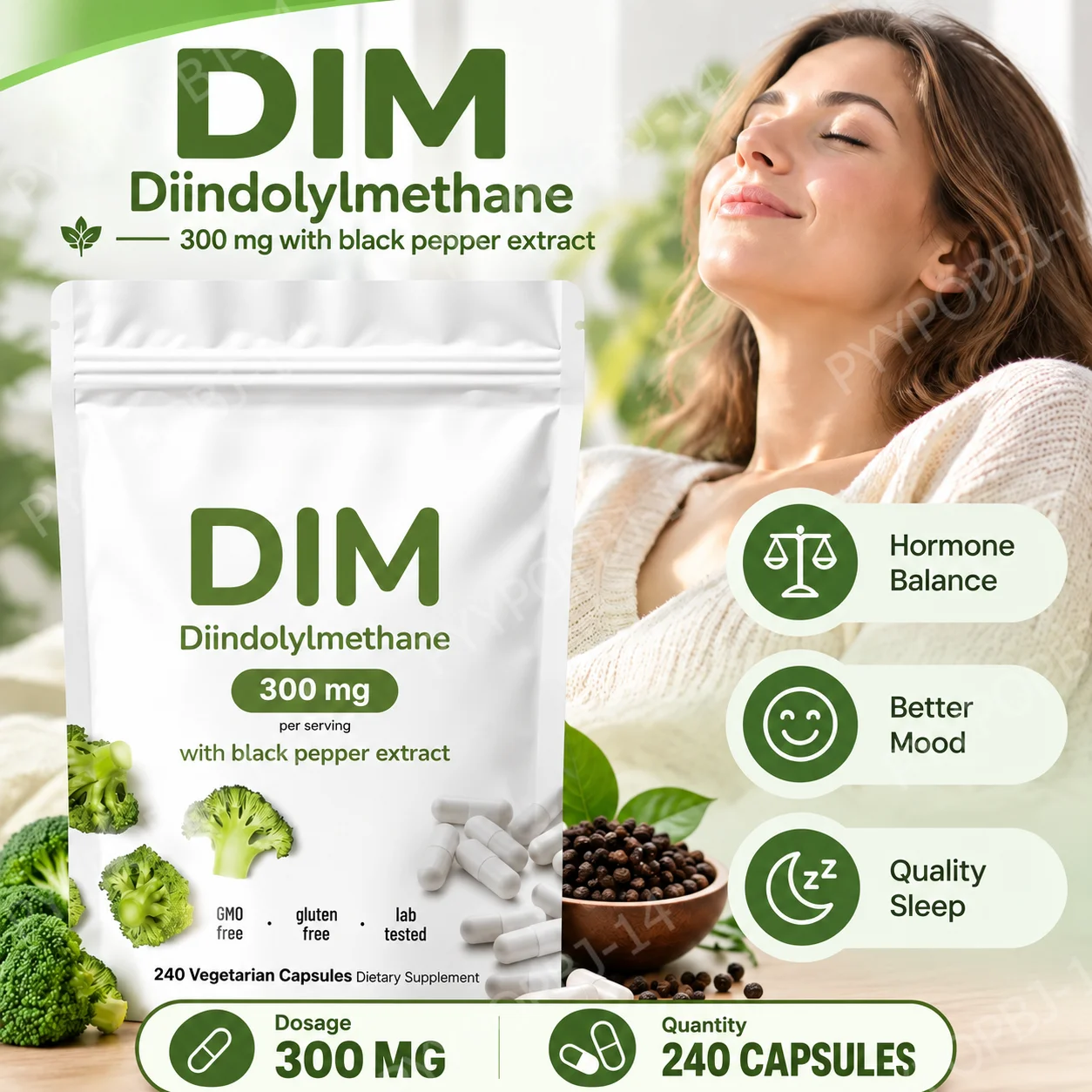 DIM Diindolylmethane Vegetarian Capsules,Support Hormone Balance, Improve Mood & Sleep Quality,Black Pepper Extract,240 Capsules