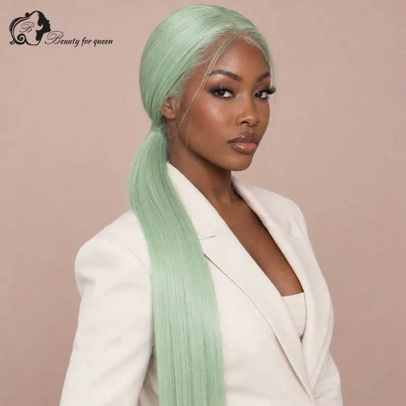 Mint Green Straight Lace Front Wig Long Smooth Vivid Silky Voluminous Fluffy Pre Plucked Flawless Heat Friendly Quality Full