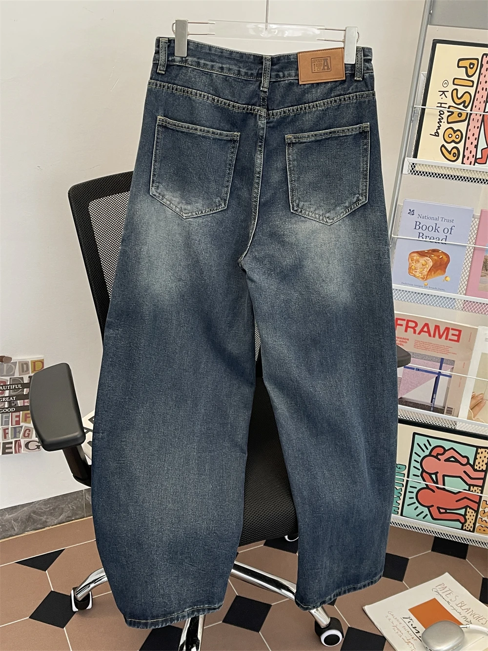 남성용 하이 스트리트 워싱 진, 아메리칸 패션 레트로 루즈 데님 팬츠, 가을 캐주얼 디스트레스드 와이드 레그 트라우저