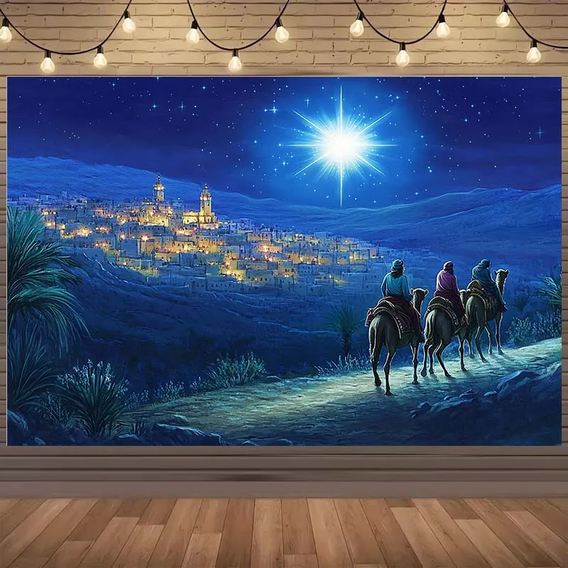 Ein Weihnachts-Nachtszene-Hintergrundstoff von Three Doctors and the Star of Bethlehem – Polyester, festliche Dekoration