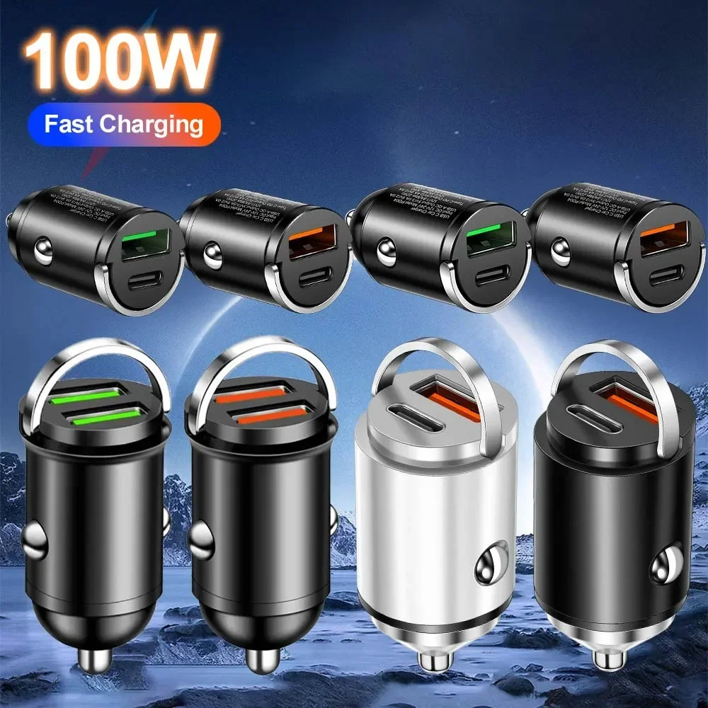 100/200W mini car charger fast charging for iPhone QC3.0 mini PD USB Type C car mobile phone charger for Xiaomi Samsung Huawei