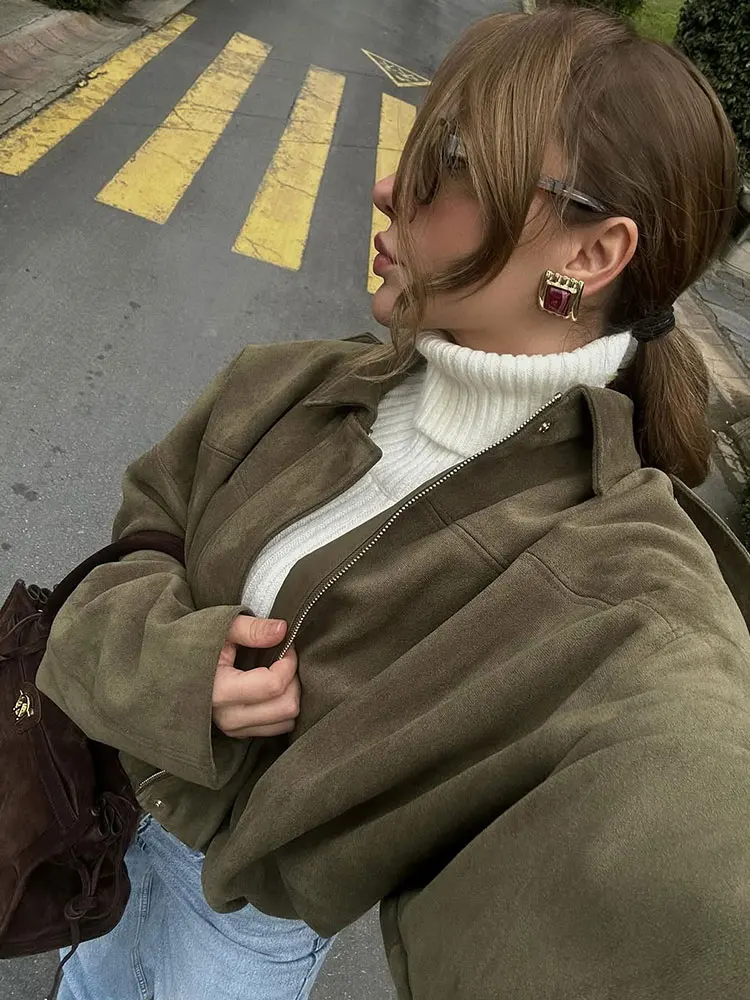 HH-Chaqueta Bomber de ante para mujer, abrigo Vintage de manga larga con cremallera y solapa lisa con bolsillos, prendas de vestir de calle a la moda para mujer 2025