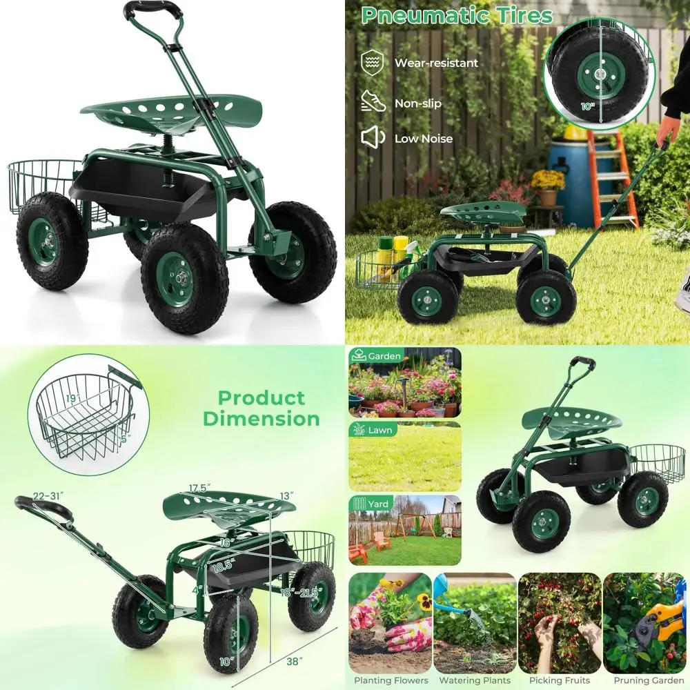 

Adjustable Height Garden Cart with 360° Swivel Seat, Storage Basket, and Extendable Handle for Versatile Gardening