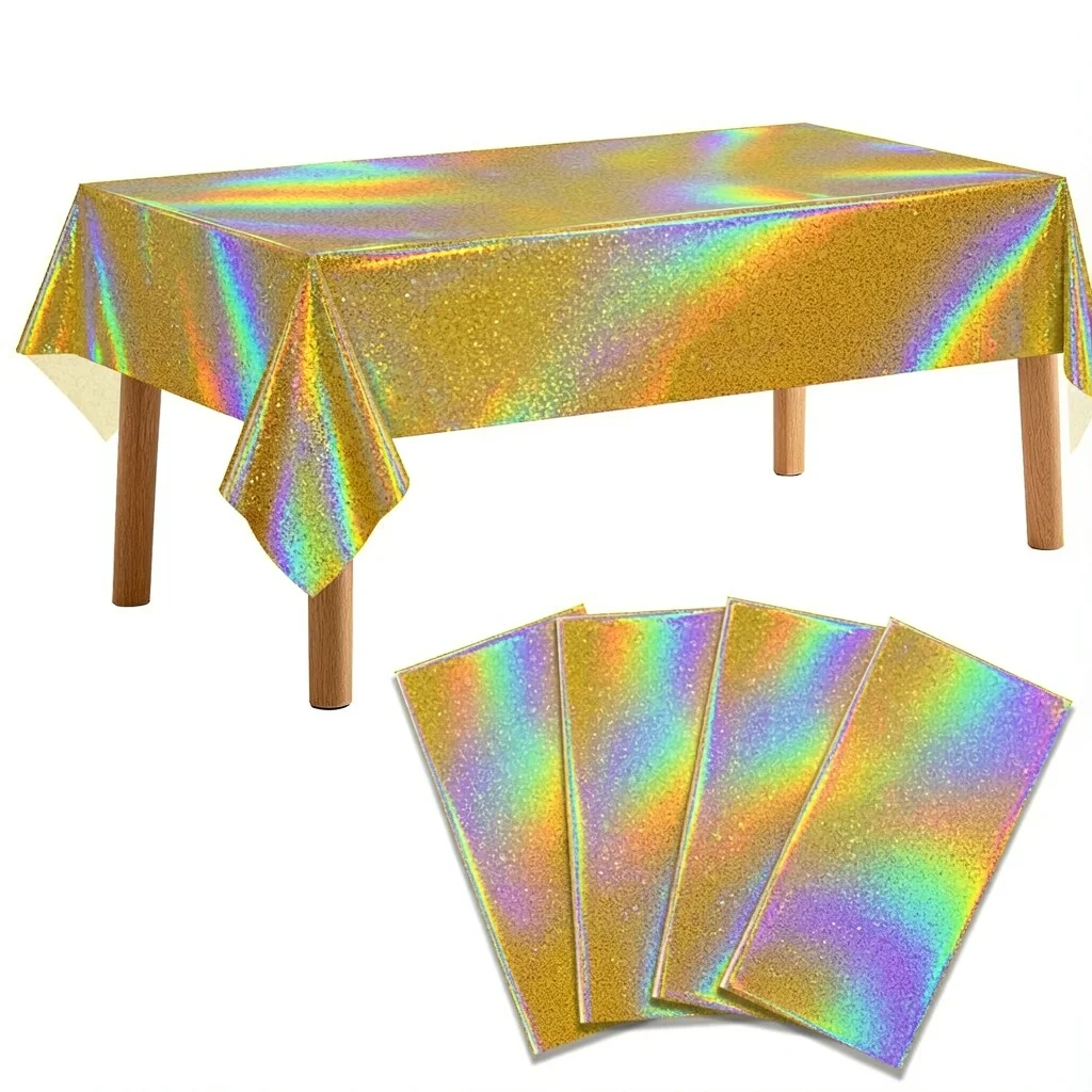 1/3/5Pcs Disposable Rectangular Holographic Gold Star Print Tablecloth 137×183cm/54×72In, Waterproof Plastic Banquet Table Cover