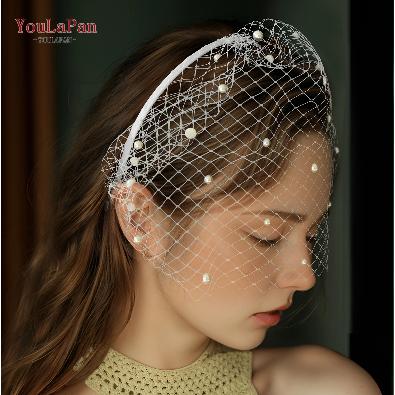 

Свадебный головной убор YouLaPan с жемчужной вуалью, короткая таинственная фата-кейклоггл в оттенке румян MA28