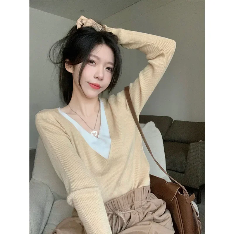 Women Clothing V-neck Knitted Long Sleeve Sweaters Autumn New Fake Two Pieces Loose Casual Knitwear Tops