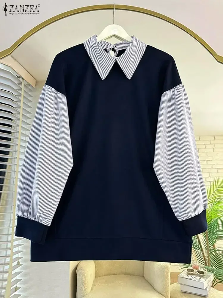 ZANZEA Fashion Women Striped Patchwork Sweatshirts Pullovers 2025 Autumn Long Sleeve Tunic Tops Casual Loose Blusas Jumpers