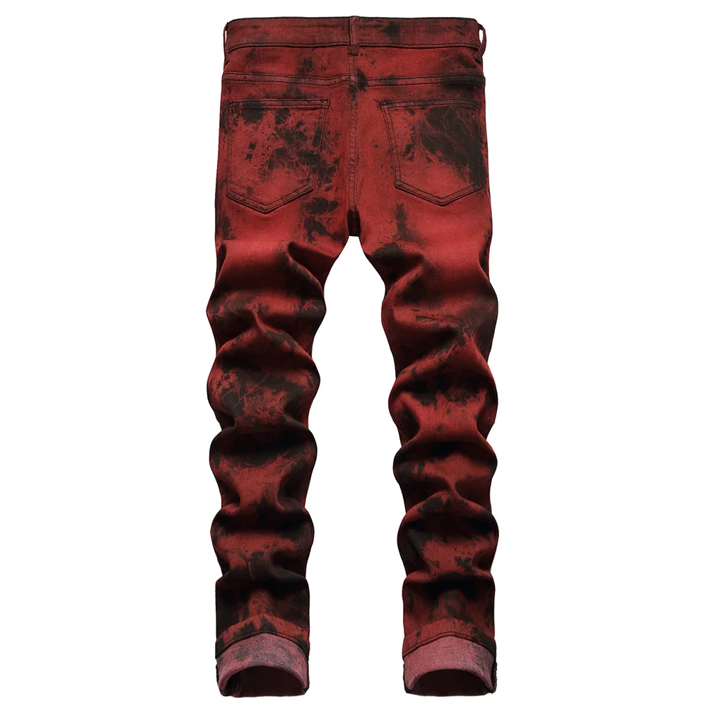 Men Tie and Dye Stretch Denim Jeans Brick Red Slim Straight Pants Streetwear Trousers