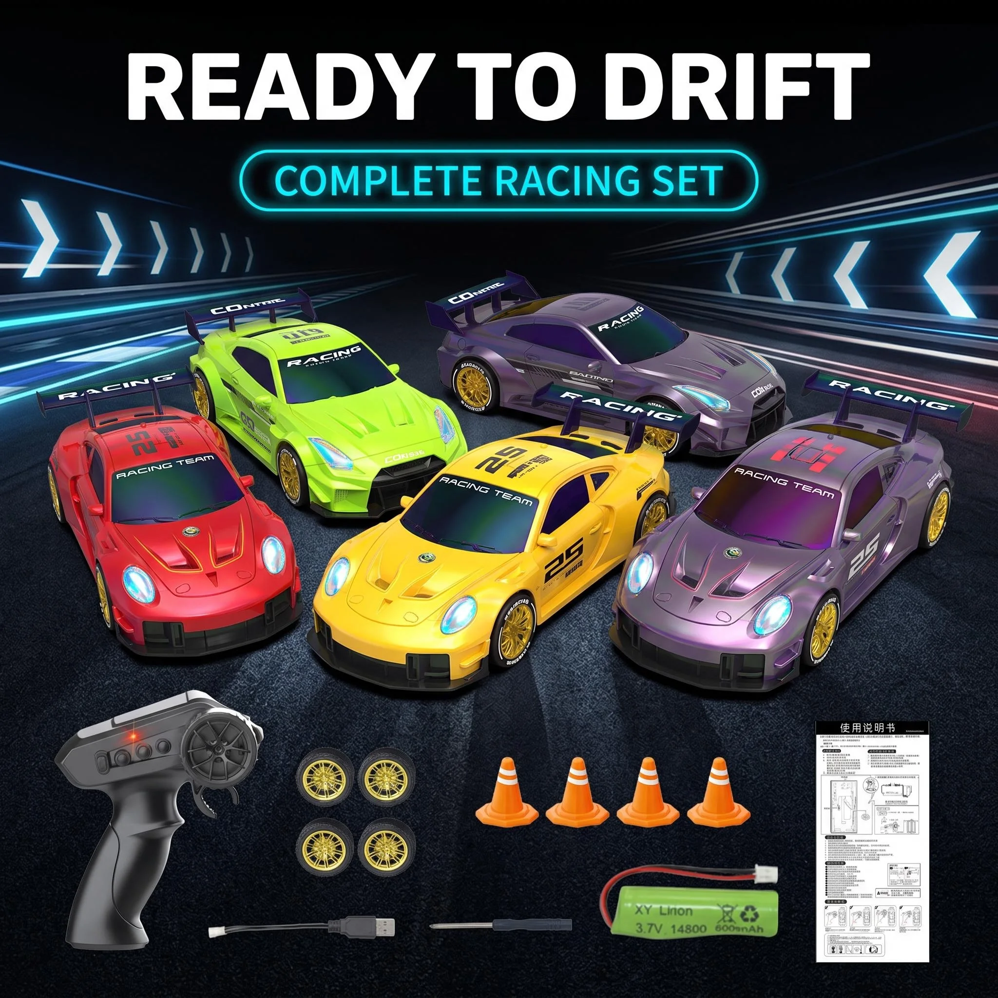 2.4GHz High Speed RC Drift Car Rechargeable Remote Control Racing Car Wide Body Sport Drift Vehicle with LED Lights Kids Toy Gif