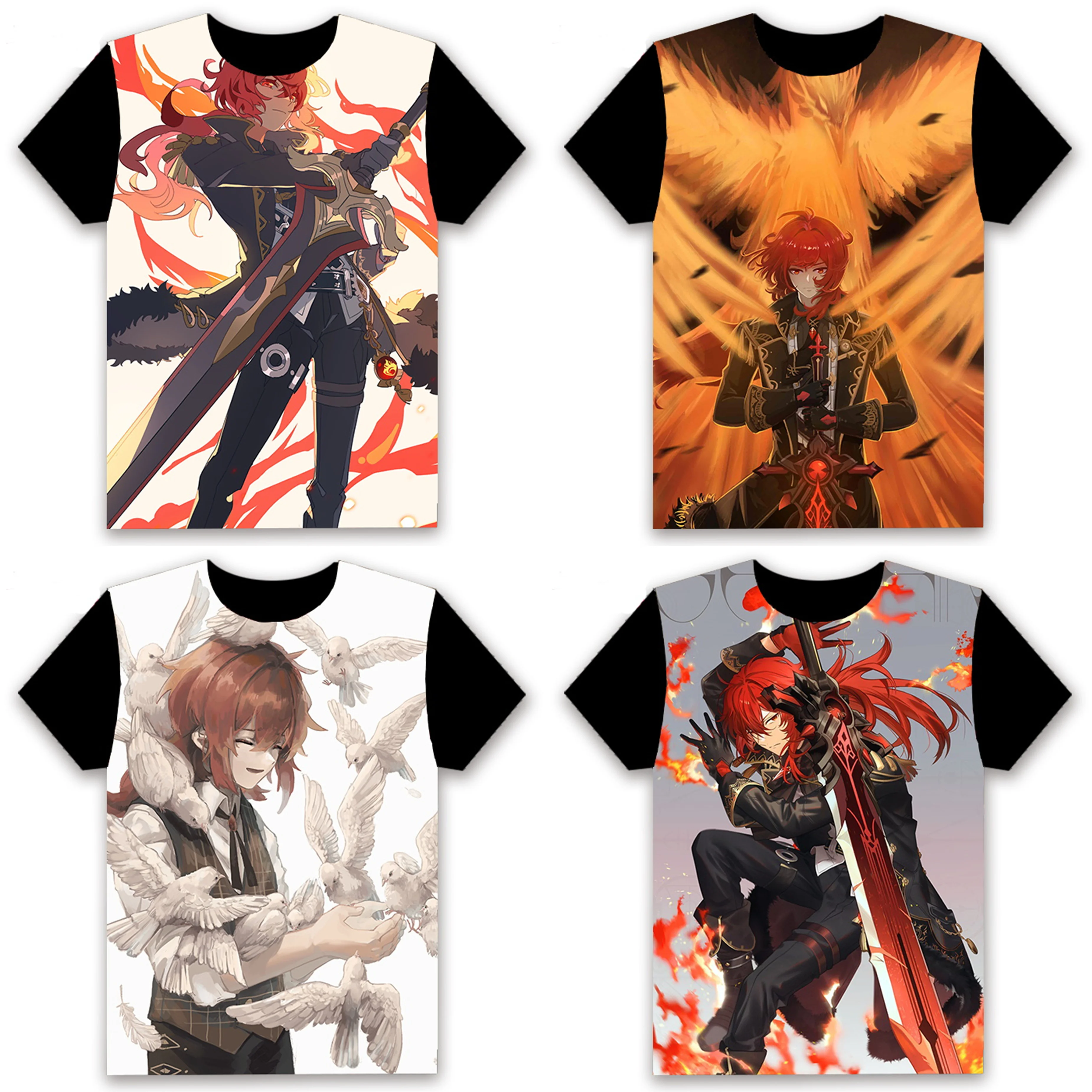 Cute T-shirt Anime Game Genshin Impact Diluc Ragnvindr Cosplay Short Sleeve Unisex Fashion Black Tee Tops Women Men Summer Shirt