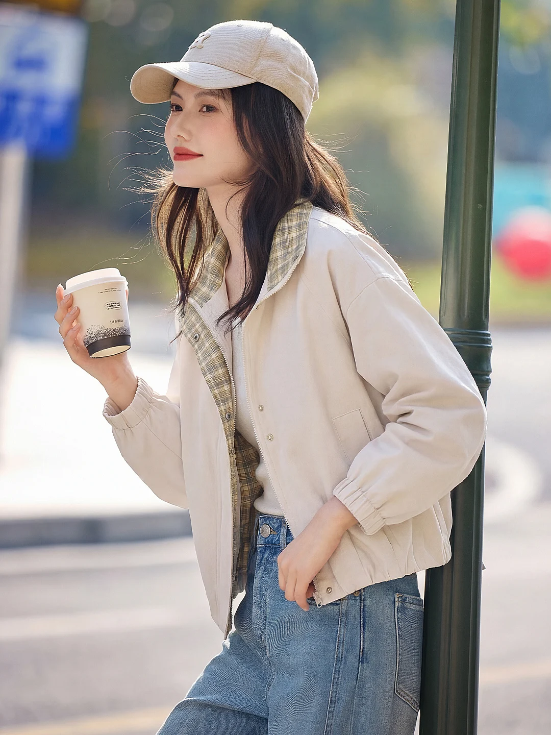 

Casual Loose Plaid Stand Collar Jaet Women's ort Sle Spring New Breathable Cotton Polyester Blend Faion Outerwear