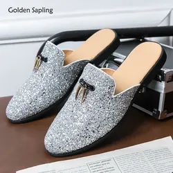 Goldene Schös sling Mode Herren Hausschuhe Sommer Party Wohnungen lässig Business Schuhe Männer Freizeit Panto letten elegante Kleid Rutschen männlich flach