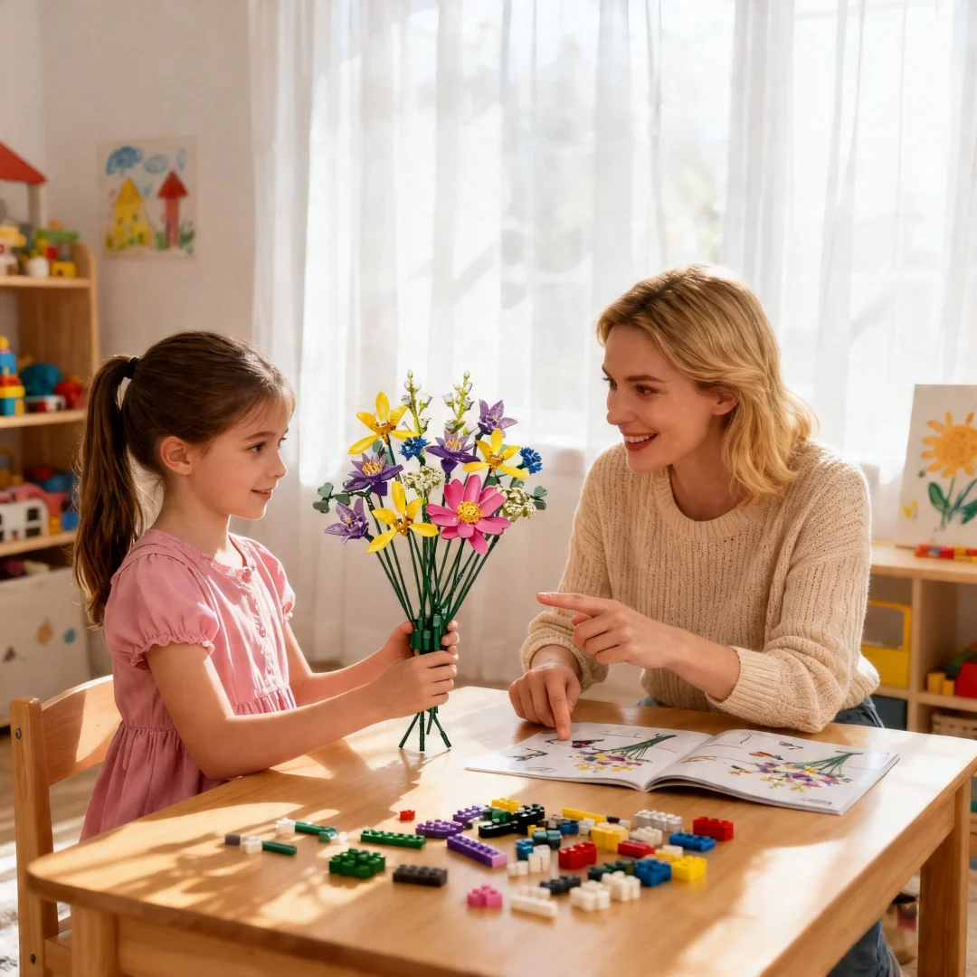 KNEW BUILT 3D-Baustein-Blumenstrauß – Stressabbauendes DIY-Bastelset für Erwachsene, beruhigende Schreibtischdekoration, Lernspielzeug für Kinder