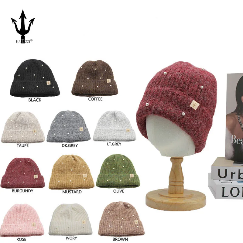 Winter Knitted Beanie Women Ladies Casual Outdoor Warm Cap Pearls Knitting Hats Female Solid Color Casual