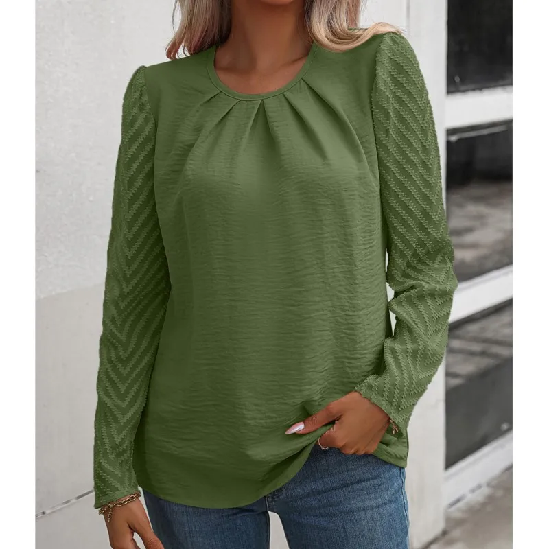 2024Spring and Autumn New Solid Color Casual Fashion Women's Round Neck Folded Chiffon Perspective Long Sleeve Temperament Shirt