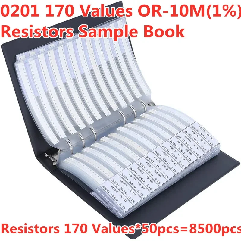 8500PCS Resistor Kit 0201 0402 0603 0805 1206 170 Values 0R~10M 1% 4.7 10 100 22 330 10K Assortment Kit Smd Sample Book Resistor