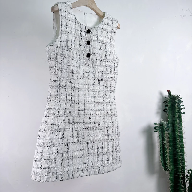 Small Fragrant Tweed Plaid White A Line Dress New Autumn Winter Round Collar Sleeveless Tank Button Deco Slim Vestidos For Women