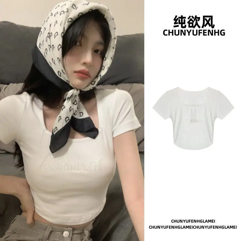 Embroidery Letter T Shirt Crop Top Women Summer 2023 Square Collar Pullovers Woman Short Sleeve Tees Slim Fit Sports Tops Female