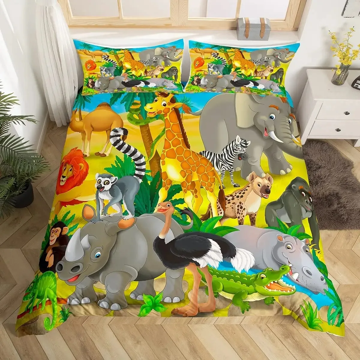 

Cartoon Safari Animal Duvet Cover Set Giraffe Lemur Rhino Lion Bedding Set Elephant Camel Snake Hippo Zoo Jungle Comforter Cover