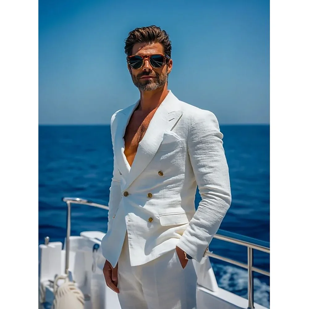 

White Linen Peaked Lapel Double Breasted Men Suits 2 Pieces (Jacket+Pants) Wedding Formal Party Fashion Man Sets Banquet Sets