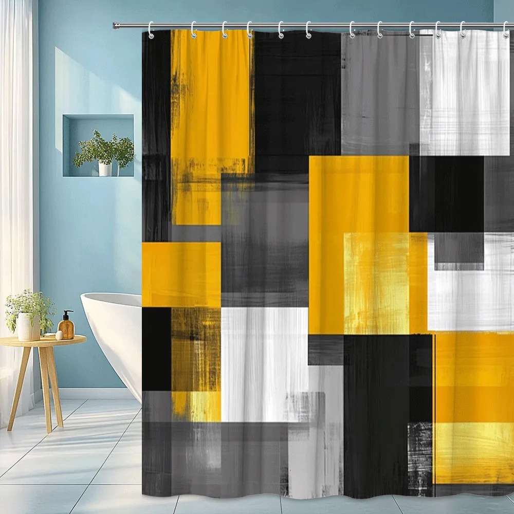 

Абстрактная геометрическая занавеска для душа, желтые, черные, белые блоки, современный художественный дизайн, смелый современный декор, водонепроницаемый подъемный пространство
