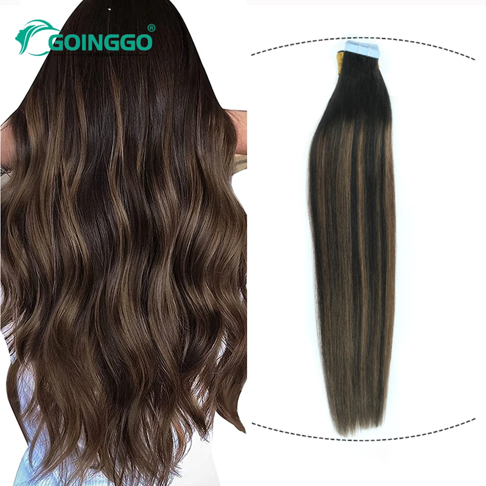 Balayage-Fita em extensões de cabelo, cabelo humano, preto natural, destaque, marrom castanho, trama de pele, fita adesiva, 2,5g por pc