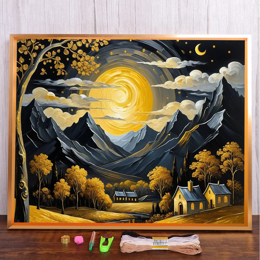 

Landscape Sunset Printed Fabric Cross Stitch DIY Embroidery Set Painting Handmade Handiwork Needlework Jewelry Floss Promotions