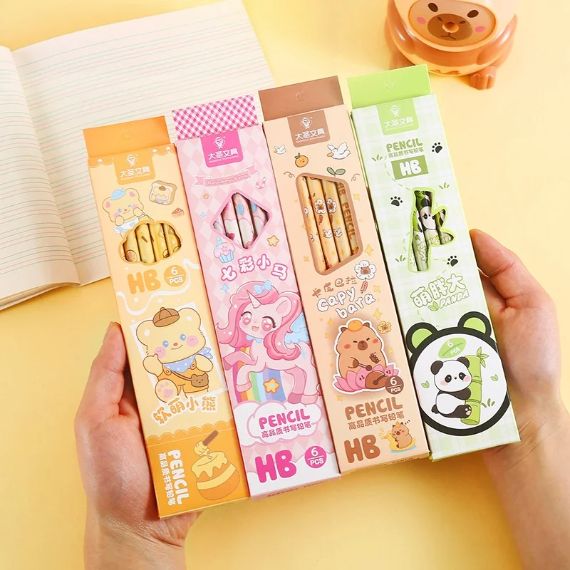 6Pcs Cartoon Pencils for Elementary School Students, Children's Hb Exam Pencils with Eraser, Capibara Pencils, Pack of 6, School Supplies, Party Favors, Exchange Gifts